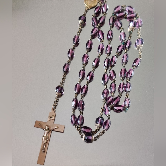Antique 1909 Brass and Amethyst Glass Rosary - Picture 2 of 13